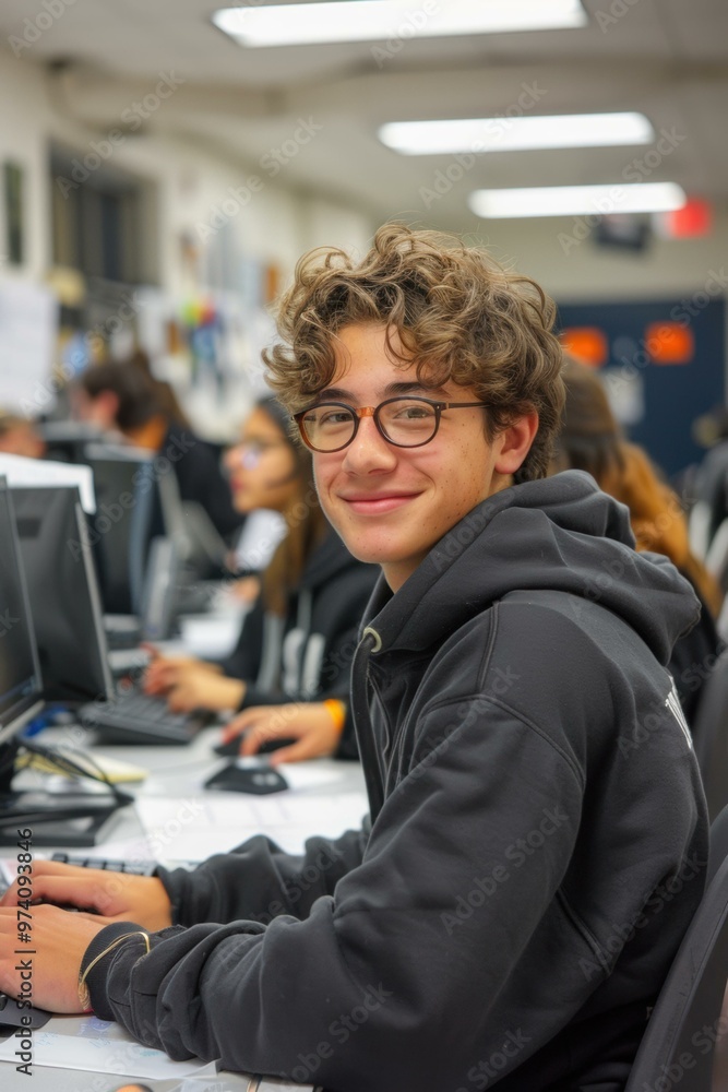 Canvas Prints A young man wearing glasses smiles while working on a computer. AI.