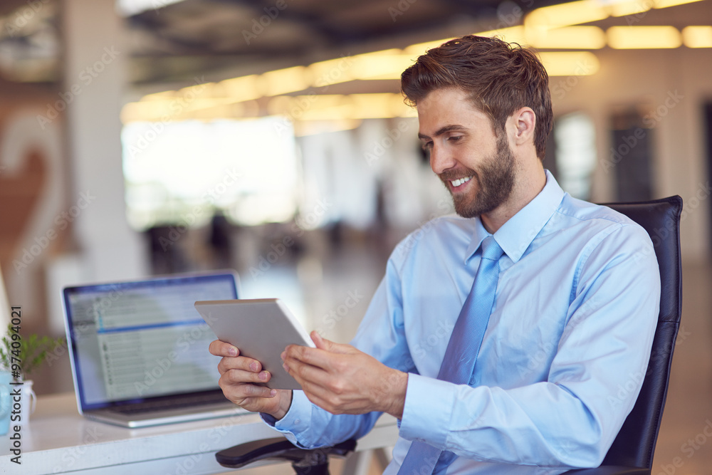 Poster man, business and smile on tablet at office with good news and email notification as project manager
