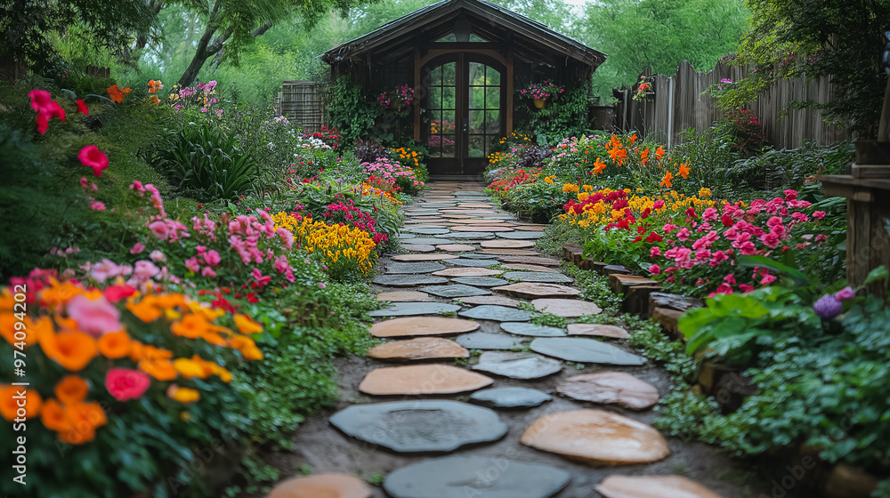 Poster a garden path with a stone walkway and a small building in the background. the flowers are in full b
