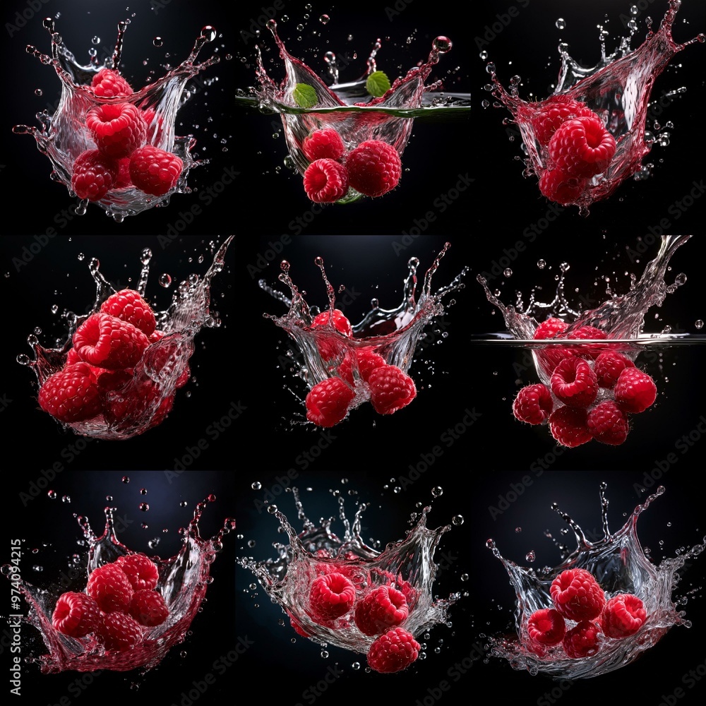 Poster Red raspberries fall into clear water, creating a splash on a black background.
