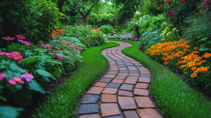 Obraz premium Winding brick garden path with colorful flowers and lush lawn