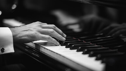 A man is playing the piano with his left hand. Concept of elegance and sophistication, as the man...