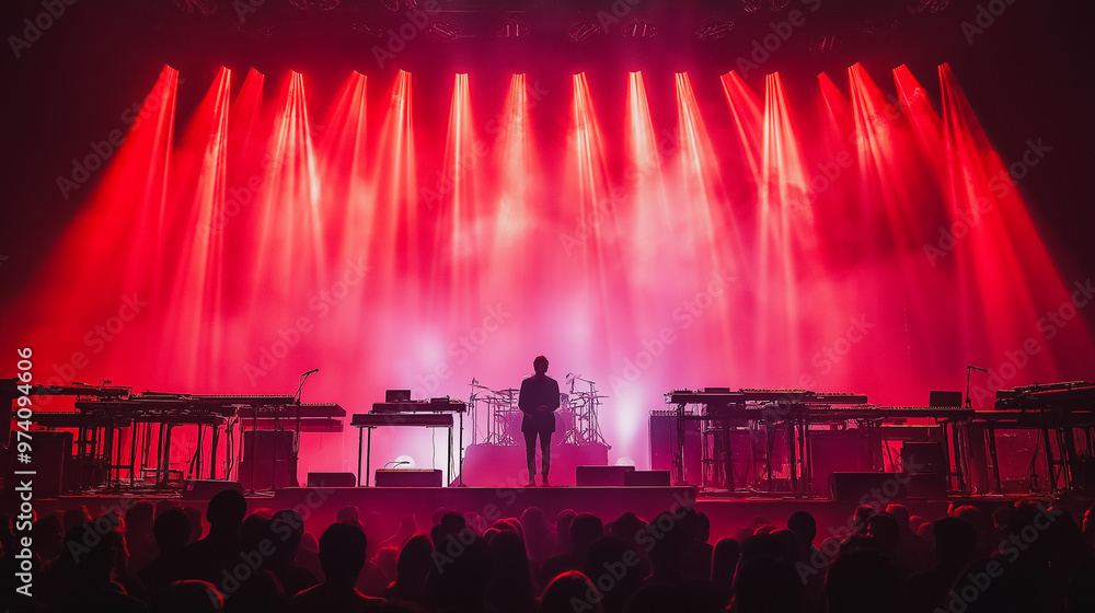 Poster a man stands on stage in front of a large audience. the stage is lit up with red lights and the man 