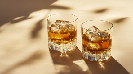 Two elegant whisky glasses with ice sit on a beige surface, creating a cozy, indulgent atmosphere.