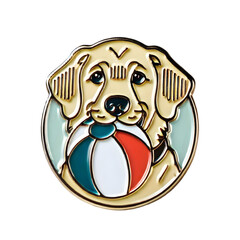 A retro-style enamel pin depicting a playful golden retriever holding a brightly colored beach...