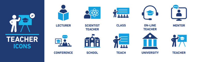 Teacher icon set. Includes icons for lecturer, scientist teacher, class, online teacher, mentor, conference, school, teach, university, and teacher.