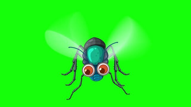 Cartoon fly, 2D animation, front view, green chroma key background.