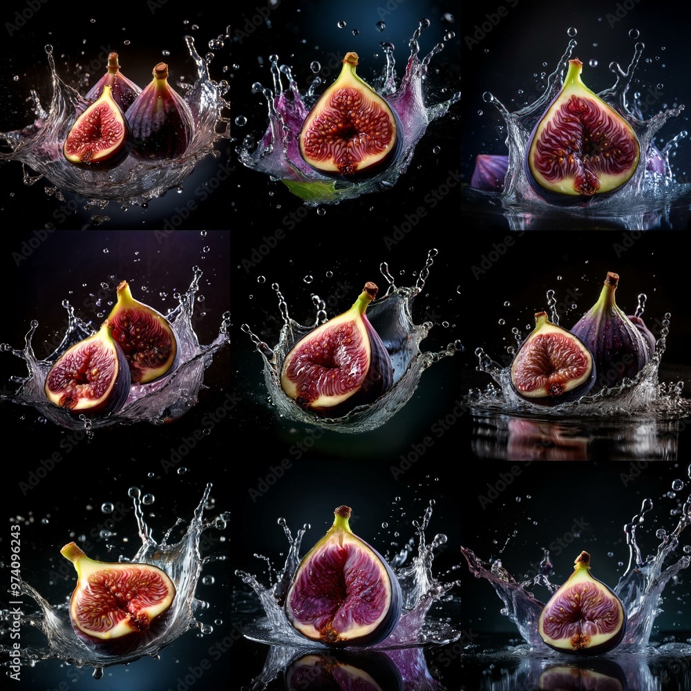 Poster halved figs splash into a pool of water, creating a dramatic effect.