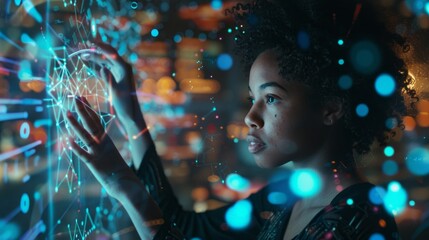 A woman is looking at a computer screen with her hands on it