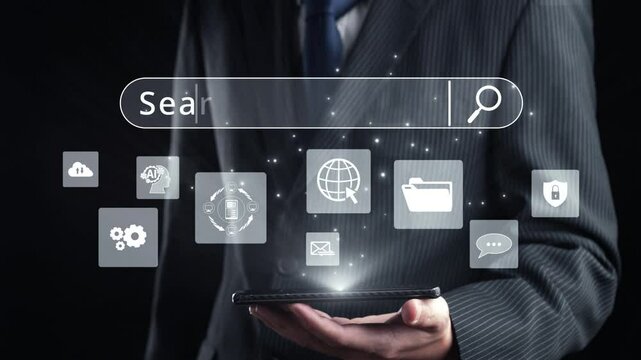 Business person conducts search engine research, extracting valuable data for strategic decisions. Utilizing search engines for comprehensive research and SEO data analysis. UUID
