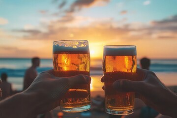 Friends celebrating with beers at an outdoor music festival on the beach, sharing laughter and fun under the beautiful sunset sky