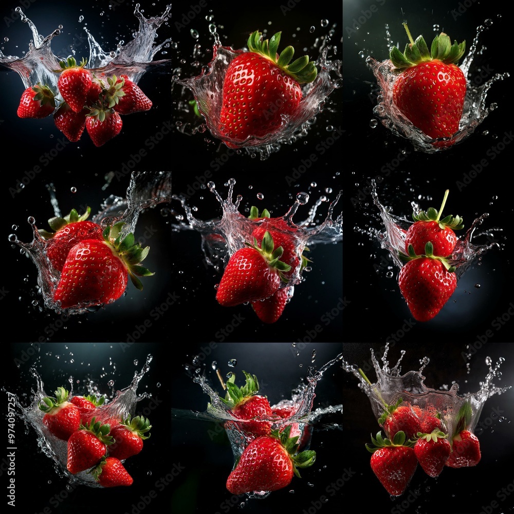 Poster multiple strawberries falling into water and making splashes on black background.