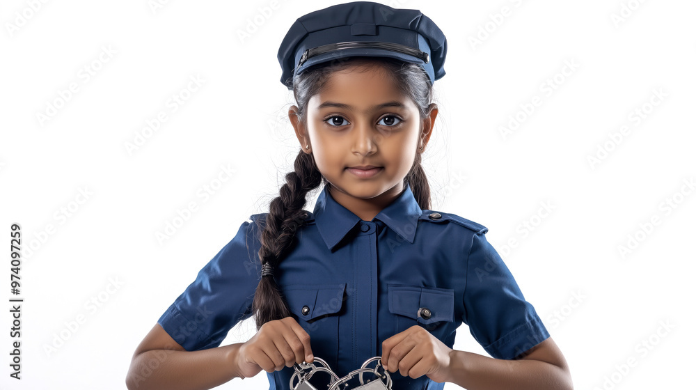 Canvas Prints Indian girl dressed as a police officer, holding handcuffs