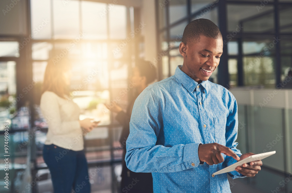 Poster happy business and black man with tablet in office of project research, communication and financial 