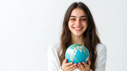 Fototapeta premium Young woman showing a 3D globe icon in blue and green colors