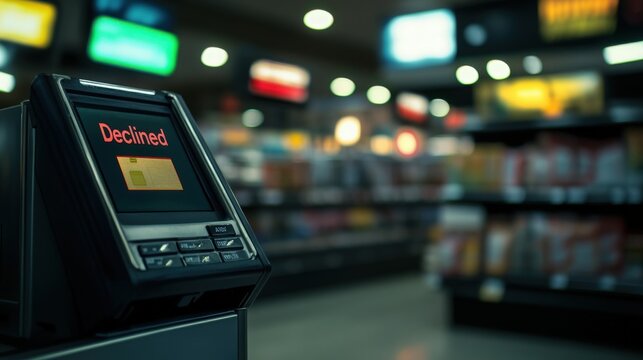 Detailed view of a payment terminal with a "Declined" notification in a supermarket, representing problems with payment processing and transaction difficulties