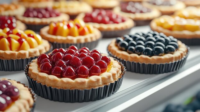 A 3D bakery window display featuring a large assortment of fruit tarts with glossy fruit toppings, 3D window display, fruit tarts, glossy
