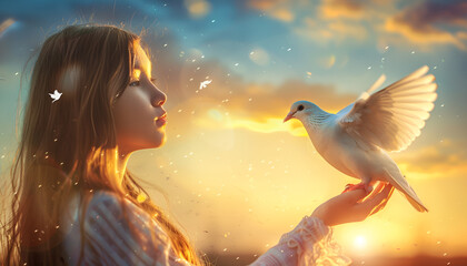White dove flying and Girl on beautiful blue sky background.freedom and peace concept