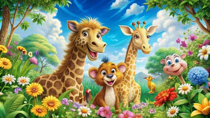 Fototapeta premium Colorful illustration of a whimsical zoo scene featuring a smiling giraffe, monkey, and lion surrounded by lush