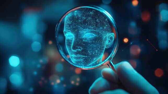 Close-up of customer focus with a hand holding a magnifying glass over a human icon, symbolizing detailed customer analysis and personalized attention