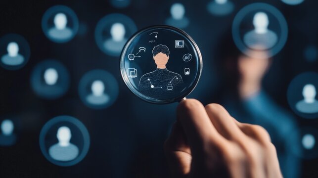Close-up of customer focus with a hand holding a magnifying glass over a human icon, symbolizing detailed customer analysis and personalized attention
