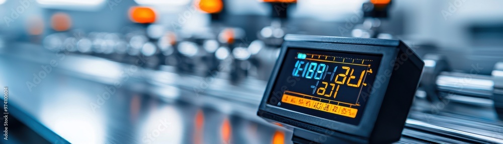 Poster close-up of a digital display gauge in a modern industrial setting, showcasing precision measurement