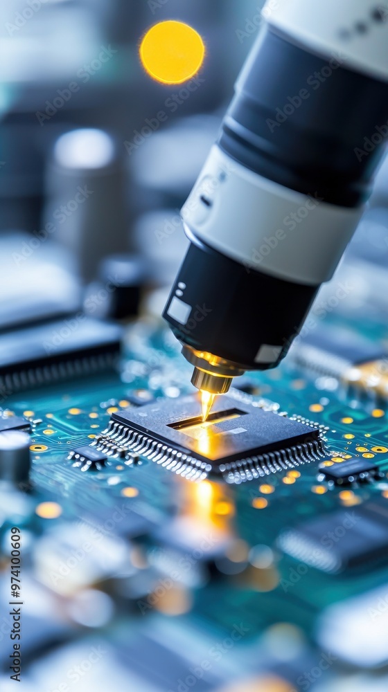 Poster close-up of a microscope examining a microchip on a circuit board, showcasing advanced technology an