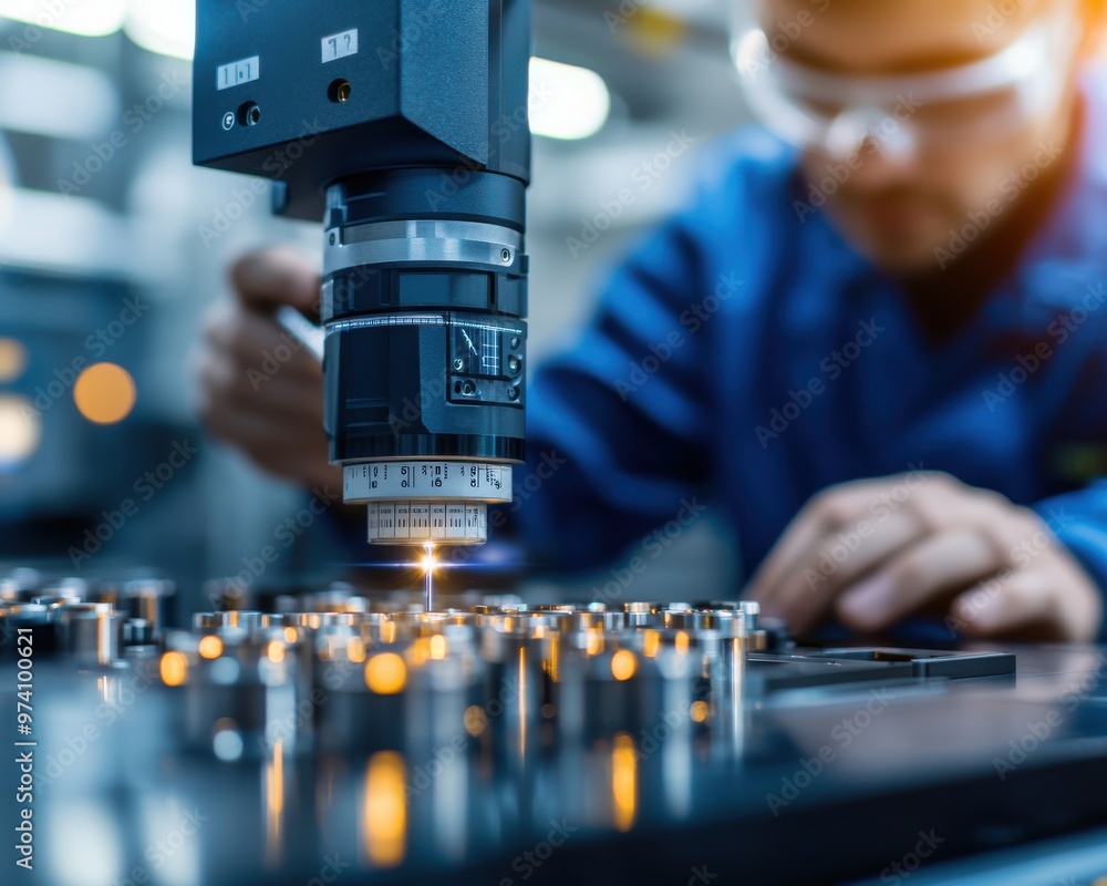 Poster close-up of a precision engineering process with a microscope capturing details in a manufacturing e