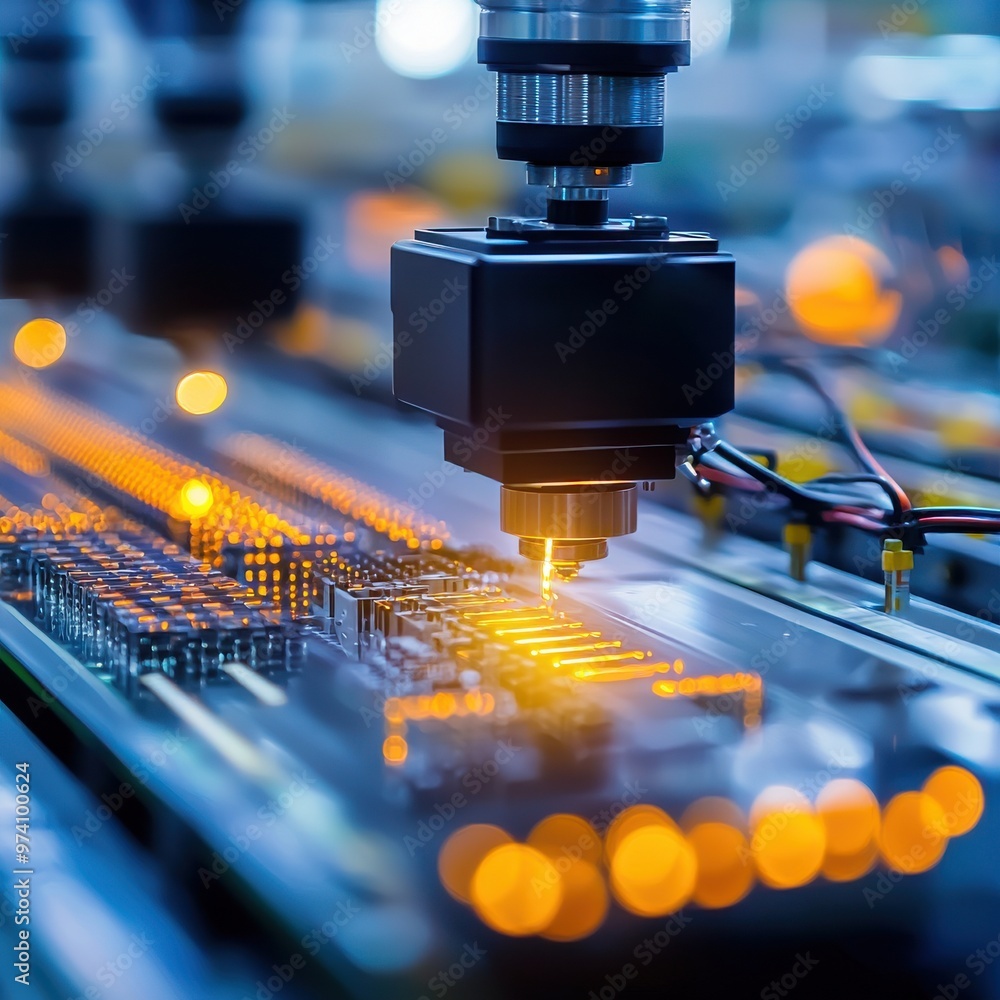 Poster close-up of a precision machine operating on a circuit board, showcasing advanced technology in elec
