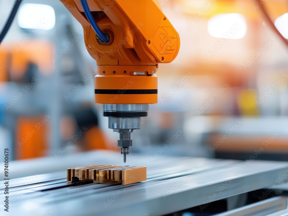 Poster industrial robotic arm precision machining metal component in modern automated workshop.