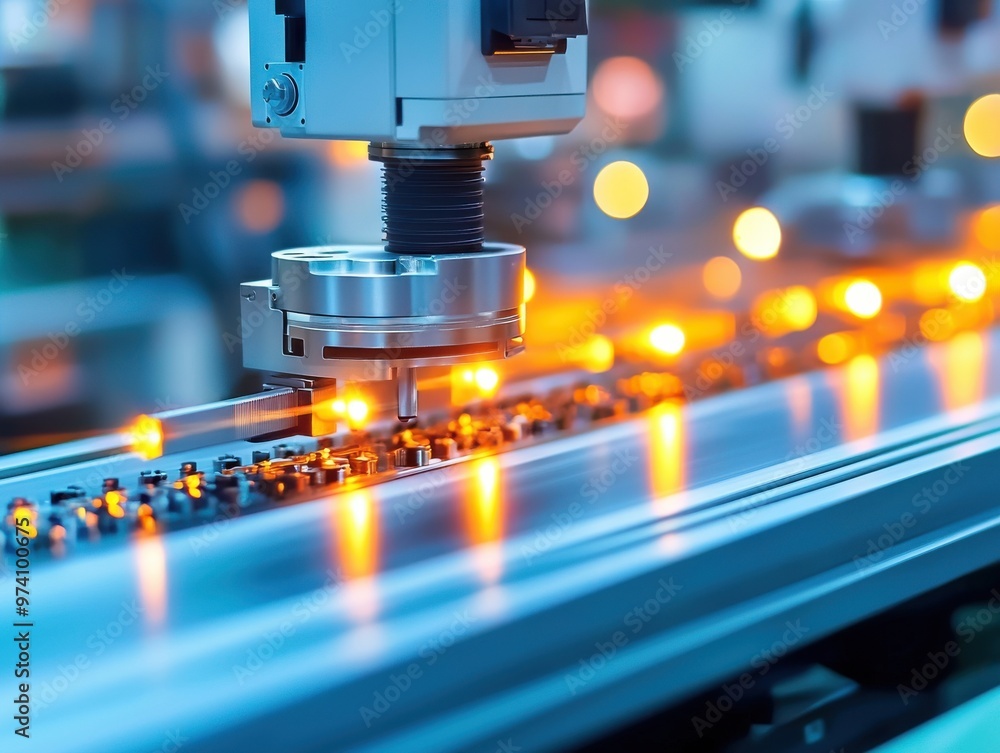 Poster industrial automation in action with a robotic arm performing precise operations on a production lin