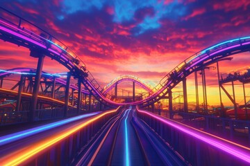 Obraz premium Neon-lit roller coaster tracks under a colorful sunset, representing the rush of excitement, fast-paced thrills, and adventurous fun at an amusement park