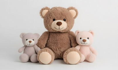 Obraz premium Three teddy bears are sitting together on a white background