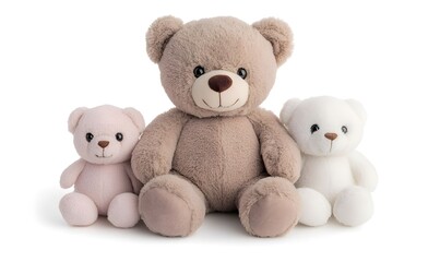 Fototapeta premium Three teddy bears are sitting together on a white background