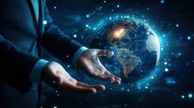 Business leader interacting with an advanced global maintenance interface, demonstrating innovative system support and virtual repair services