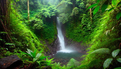 Tropical Waterfall Cascading into Lush Green Forest Pool
