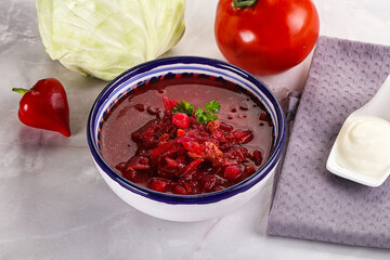 Borsch soup with cabbage and beetroot