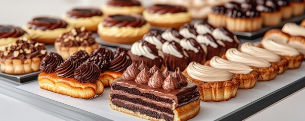 A 3D model of a bakery s pastry display, with detailed eclairs, tarts, and chocolate mousse cakes, 3D model, pastry display, mousse cakes