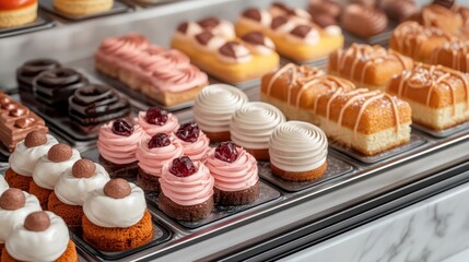 A 3D rendering of a bakery display window featuring elegant petit fours and mini cakes, 3D rendering, bakery display, petit fours