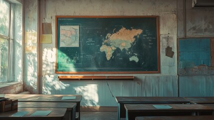 Fototapeta premium Student capturing an image of a chalkboard displaying lessons and maps in a well-lit classroom, highlighting the daytime school setting