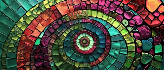 Background with a mosaic made of circular tiles arranged in a spiral, using bold colors like neon green, magenta, and aqua for a dynamic look. 