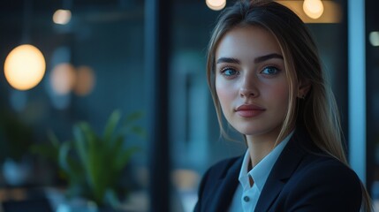 Professional young woman in a business setting, highlighting her soft skills and interpersonal communication abilities, with a focus on emotional intelligence, creative problem-solving, flexibility