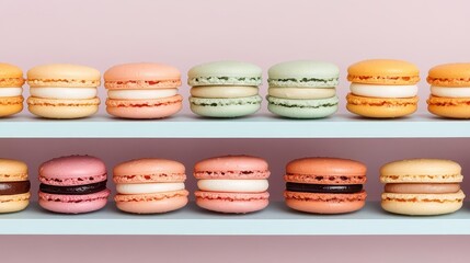 Fototapeta premium A 3D bakery shelf displaying a colorful variety of macarons, 3D bakery shelf, macarons, colorful