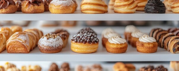 A 3D close-up of a bakery shelf filled with gourmet pastries and hand-crafted desserts, 3D close-up, bakery shelf, gourmet pastries