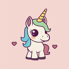 Cartoon Kawaii Unicorn with Pink Hair Icon Illustration
