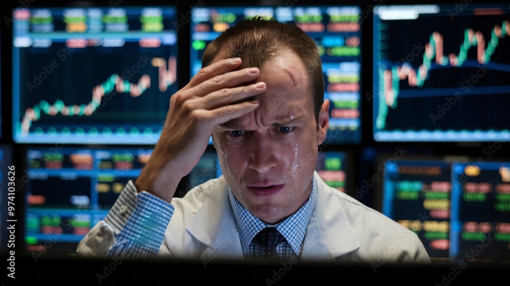 Poster stressed trader looking at stock market data on monitors