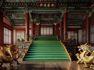 Majestic Korean throne room featuring jade steps and decorative golden dragons.