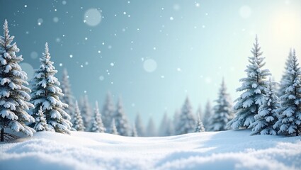 Snowy Christmas Scene with Copy Space, A winter-themed design snow-covered landscape with pine trees and small snowman with a large copy space for text.