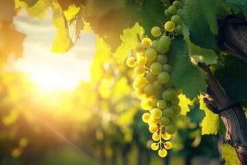 A vibrant grapevine supports clusters of green grapes, bathed in sunlight, amidst a rustic vineyard...