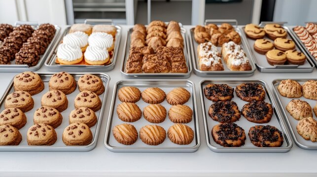 A 3D model of a bakery s counter filled with trays of pastries, cookies, and cakes for sale, 3D model, bakery counter, trays of pastries